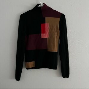 TSE Cashmere Black and Multicolor Abstract Colorblovk Turtleneck Sweater